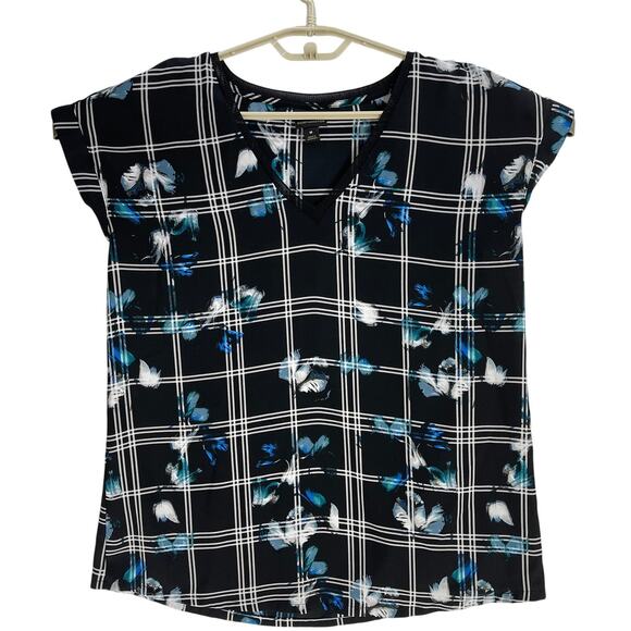 Worthington Top Blouse Women Medium M Black Blue Floral Print Semi Sheer V-Neck - Picture 1 of 7